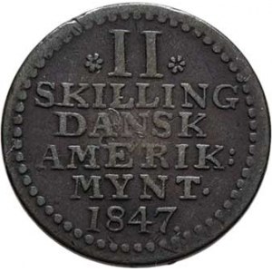 Dánská západní Indie, Christian VIII., 1839 - 1848, II Skilling 1847, KM.18 (Ag250), 1.127g, nep.hr