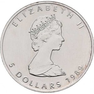 Kanada, Elizabeth II., 1952 -, 5 Dolar 1989 - javorový list, KM.163 (Ag999, 1 unce),