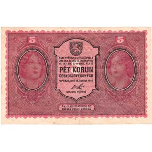 Československo - státovky I. emise, 5 Koruna 1919, série 0005, BHK.8, He.8a, neperf.