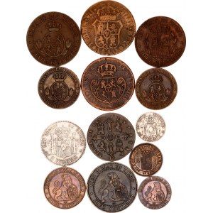 Spain Lot of 13 Coins 1810 -1905