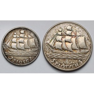 2 i 5 złotych 1936 Żaglowiec - zestaw (2szt)