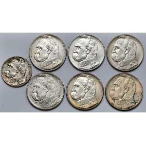 5-10 złotych 1934-1939 Piłsudski i Strzelecki - zestaw (7szt)