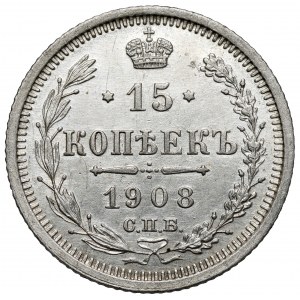 Rosja, Mikołaj II, 15 kopiejek 1908, Petersburg