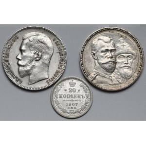 Rosja, Mikołaj II, Rubel 1898-1913 i 20 kopiejek 1907 - zestaw (3szt)