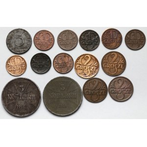 3 kopiejki 1916, 5 fenigów 1918 i 1-2 grosze 1923-1938 - zestaw (15szt)