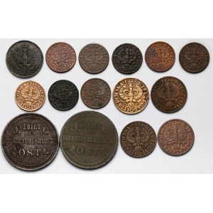 3 kopiejki 1916, 5 fenigów 1918 i 1-2 grosze 1923-1938 - zestaw (15szt)