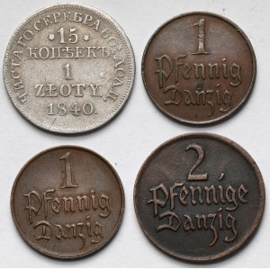 1 i 2 fenigi Wolne Miasto Gdańsk i 1 złoty 1840 MW (4szt)