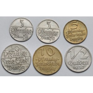 Gdańsk, 5-10 fenigów i 1/2 guldena 1923-1932 - zestaw (6szt)
