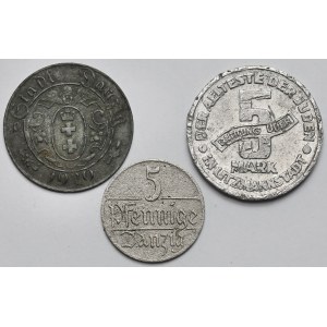 Gdańsk, 5-10 fenigów 1920-1923 i Getto Łódź, 5 marek 1943 Al - zestaw (3szt)