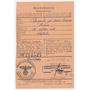 Okupacja - Warszawa, Poświadczenie o Posiadaniu Karty Pracy 1943