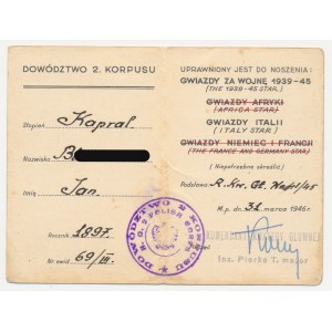 PSZnZ, Legitymacja po Kapralu - Gwiazda za Wojnę 1939-45 i Gwiazda Italii