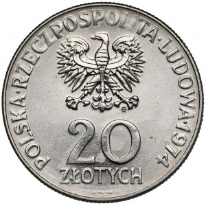 Próba NIKIEL 20 złotych 1974 RWPG - tło z 'ziarnem'