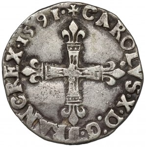 Francja, Karol X, 1/4 ecu 1591-T, Nantes