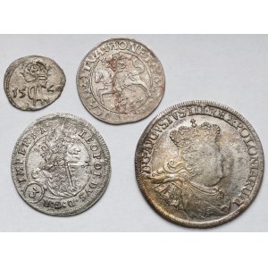 Polska i Czechy, Dwudenar, Półgrosz, Ort i 3 krajcary - zestaw (4szt)