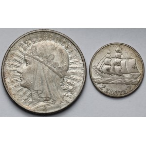 2 i 10 złotych 1932-1936 Żaglowiec i Głowa Kobiety - zestaw (2szt)