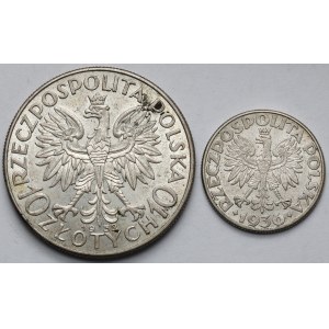 2 i 10 złotych 1932-1936 Żaglowiec i Głowa Kobiety - zestaw (2szt)