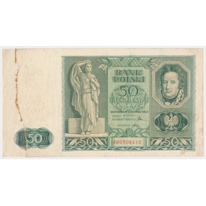 50 złotych 1936 Dąbrowskim - z ubytkiem dosztukowanym z innego banknotu
