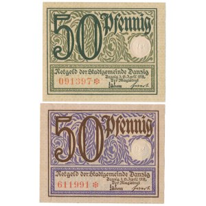 Gdańsk, 50 fenigów 1919 - fioletowy i zielony (2szt)