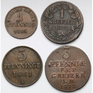 Niemcy, 1-3 fenigi i krajcar 1810-1871 - zestaw (4szt)