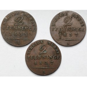 Prusy, Friedrich Wilhelm III, 2 fenigi 1835-1837-A, Berlin - zestaw (3szt)