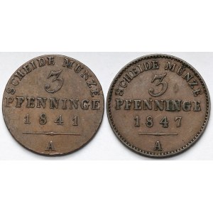 Prusy, Friedrich Wilhelm IV, 3 fenigi 1841-1847-A, Berlin - zestaw (2szt)