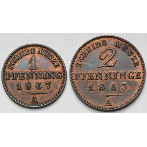 Prusy, Wilhelm I, 1-2 fenigi 1863-1867-A, Berlin - zestaw (2szt)