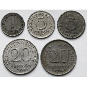 Królestwo Polskie, 1 - 20 fenigów 1917-1918 - zestaw (5szt)