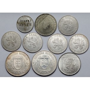 Czechy i Słowacja, 5 - 50 korun 1928-1970 i żeton - zestaw (10szt)