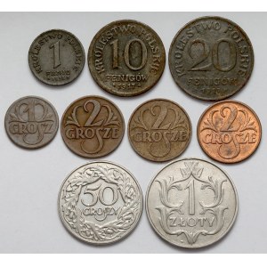 1 - 20 fenigów i 1 grosz - 1 złoty 1917-1939 - zestaw (9szt)