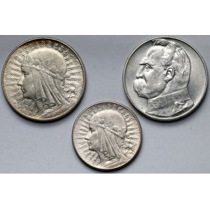 Piłsudski i Głowa Kobiety, 5 - 10 złotych 1932-1936 - zestaw (3szt)