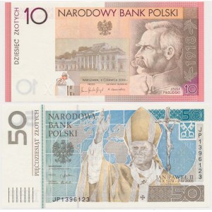 50 zł 2006 Jan Paweł II i 10 zł 2008 Piłsudski - w folderach (2szt)