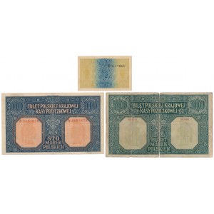 Generał 1/2 i 100 mkp 1916 + Dyrekcja PKKP 500 mkp 1919 - zestaw (3szt)