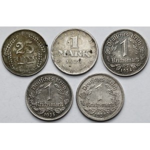 Niemcy, 25 fenigów i 1 marka 1910-1939 - zestaw (5szt)