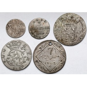 Niemcy, Austria i Niderlandy, od Szeląga do 7 krajcarów 1725-1828 - zestaw (5szt)
