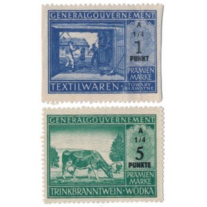 GG, Pramienmarke, Em. I (po polsku) - 1 pkt Towary Bławatne i 5 pkt Wódka (2szt)