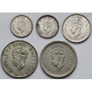 Indie, Jerzy VI, od 1/4 do 1 rupii 1941-1945 - zestaw (5szt)