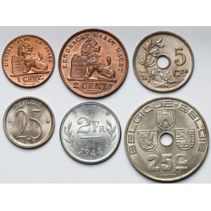 Belgia, 1-25 centesimi i 2 franki 1912-1969 - zestaw (6szt)