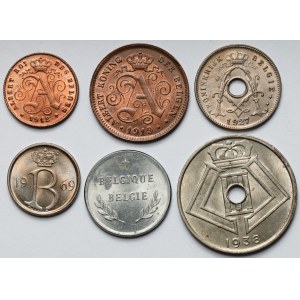 Belgia, 1-25 centesimi i 2 franki 1912-1969 - zestaw (6szt)
