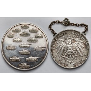 Niemcy, SREBRO, 3 marki 1913 i Medal Panzer Divisionen - zestaw (2szt)