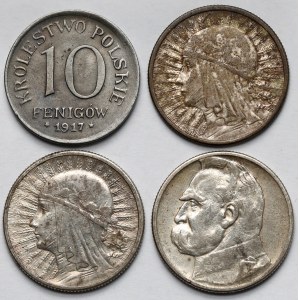 10 fenigów 1917 i 2 złote 1932-1934 - zestaw (4szt)