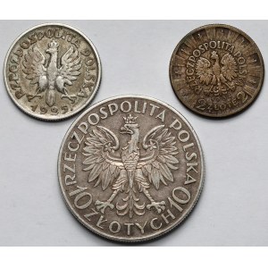 1-10 złotych 1925-1933 Kobieta i kłosy, Piłsudski i Sobieski - zestaw (3szt)