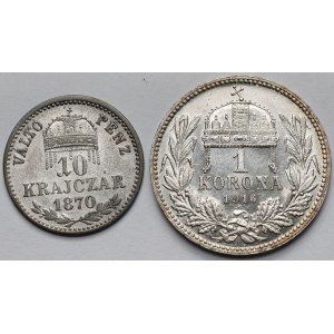 Węgry, Franciszek Józef I, 10 krajcarów 1870 i Korona 1916 - zestaw (2szt)
