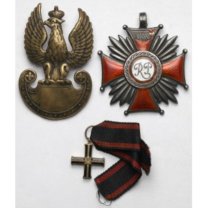 II RP i PRL, Orzeł, Srebrny Krzyż Zasługi i Miniatura Krzyża Niepodległości - zestaw (3szt)