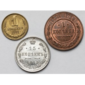 Rosja, 1-15 kopiejek 1913-1991 - zestaw (3szt)