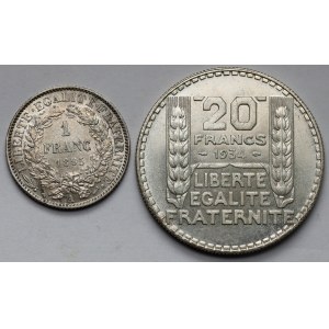 Francja, 1-20 franków 1895-1943 - zestaw (2szt)