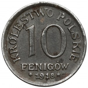 Królestwo Polskie, 10 fenigów 1918 - pęknięcie stempla i skrętka