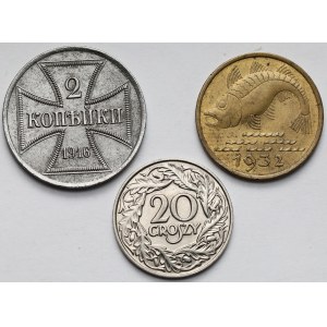 2 Kopeken 1916, 10 Pfennige 1923 und 10 Feen 1932 - Satz (3 Stück)