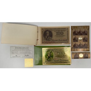 Reprodukcje 100 mkp 1919 Luty - dwa typy, oraz bloczek znaczków i znaczki