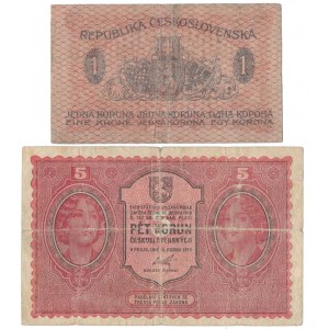 Czechosłowacja, 1 i 5 Korun 1919 - zestaw (2szt)