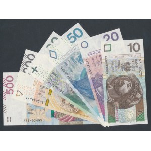Komplet nominałowy 10-500 zł emisji 2012-2016 - seria AA (6szt)